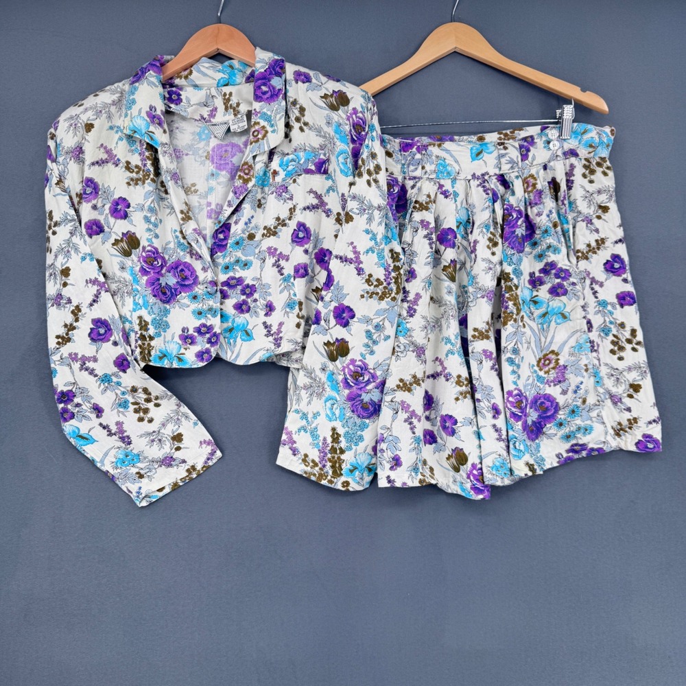Connections NYC Floral 2 Piece Set Womens L White Purple Vintage 90s Cottagecore